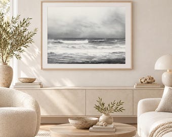Moody Ocean Wave Print, Neutral Coastal Seascape, Gray Abstract Beach Art (Digital Download)
