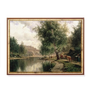 Vintage Cows Riverscape Painting: Rustic Farmhouse Wall Art (Digital Download)