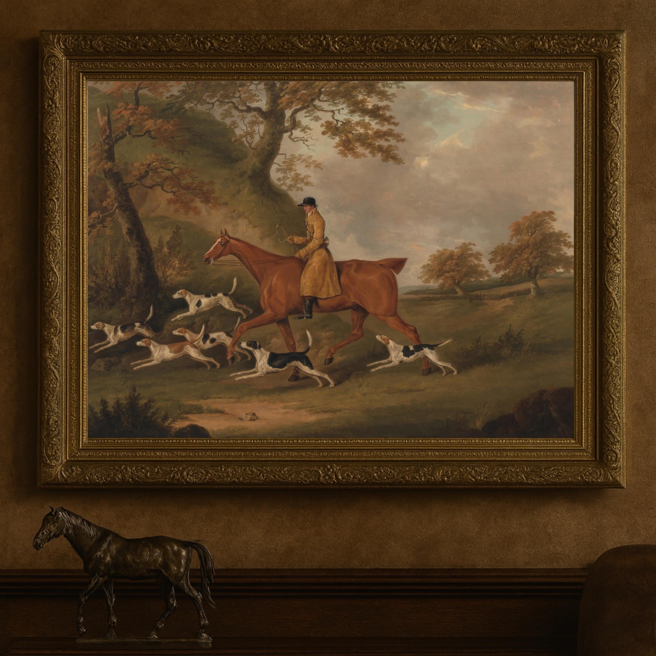 Vintage Fox Hunting Print: Equestrian & Hounds in Autumn Landscape