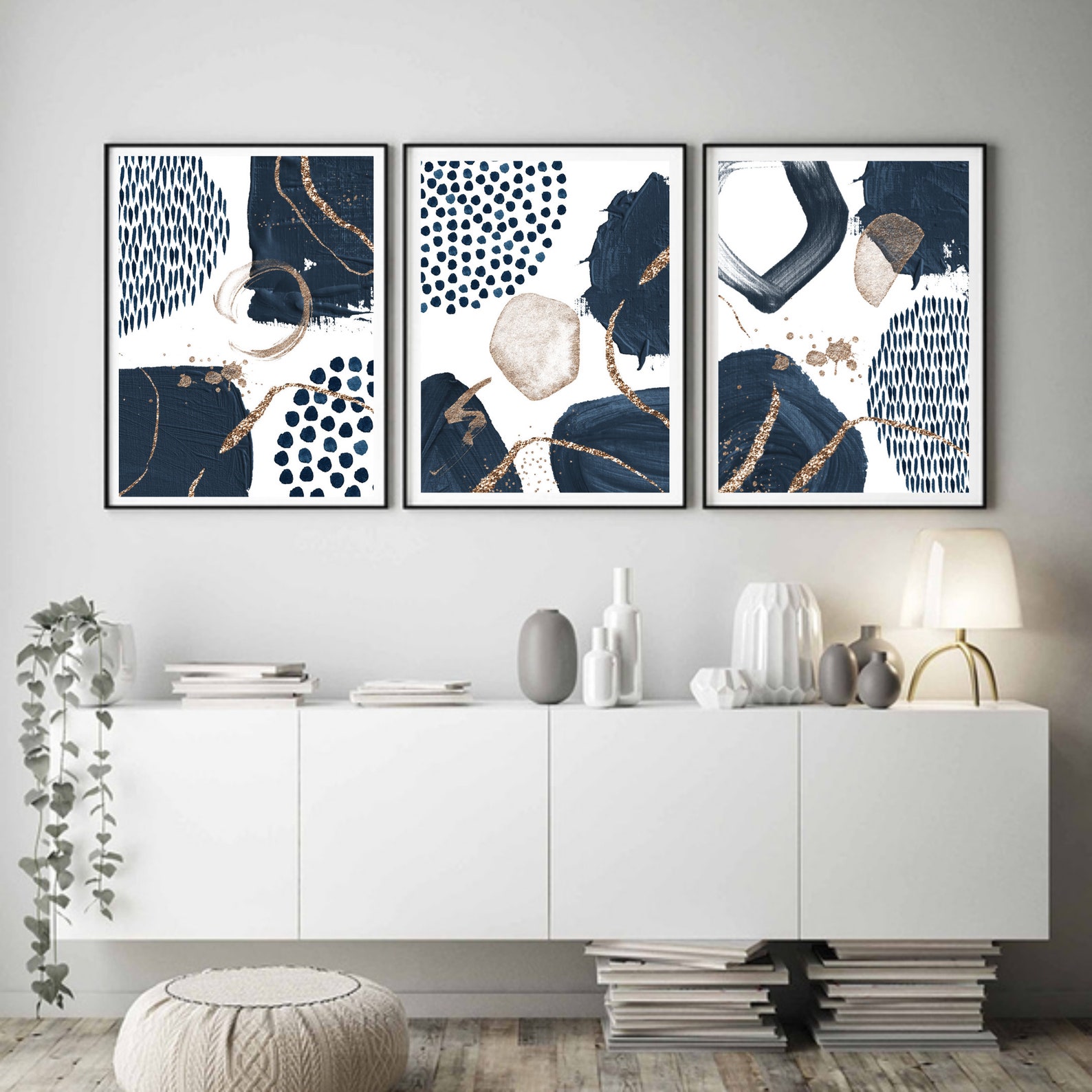 Navy Blue Gold Wall Art Print Set of 3 Nordic Printable Poster Etsy