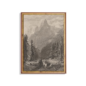 Vintage Mountain Landscape Print: Antique Forest Sketch