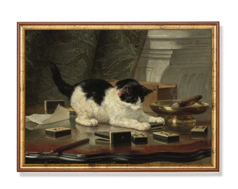 Vintage Cat and Dominoes Painting: 19th Century Fine Art Print