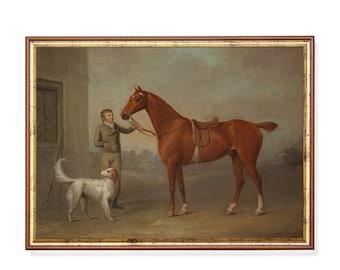 Vintage Horse and Dog Painting: Antique Equestrian Print, Farmhouse Decor