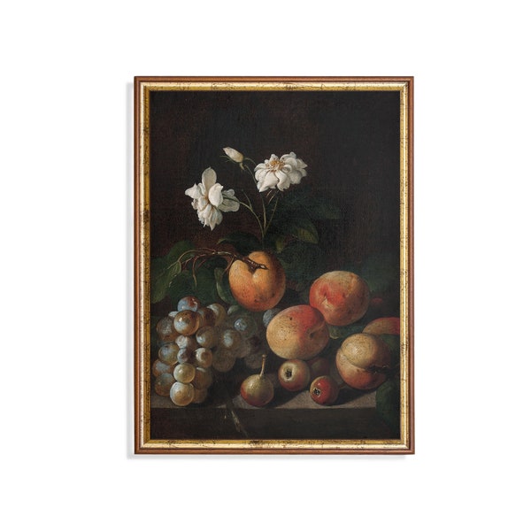 Printed and Shipped | Vintage Still Life Painting | Still Life with Fruit and White Roses | Antique Art Print | Moody Rustic Fine Art