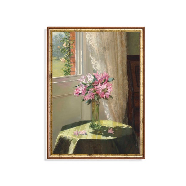 Rhododendrons Painting | Still Life Floral | Printable Digital Download | Flowers by a Window | Antique Oil Painting | Vintage Home Decor