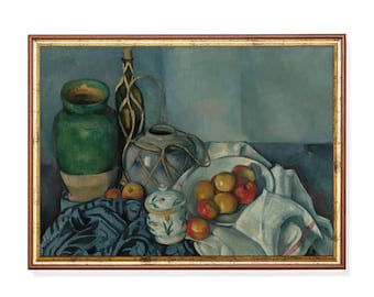 May include: A framed still life painting featuring a green vase, a blue and white decorative jar, a bottle wrapped in twine, and a bowl of apples. The painting has a blue background and a gold-colored frame.