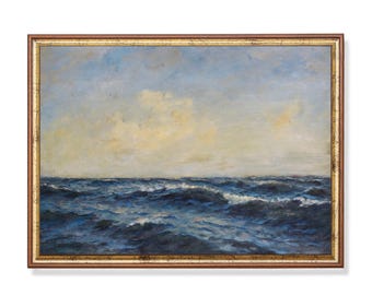 Könnte beinhalten: Ein gerahmtes Gemälde, das eine Meereslandschaft mit blauem Wasser und weißen Wolken am Himmel zeigt.