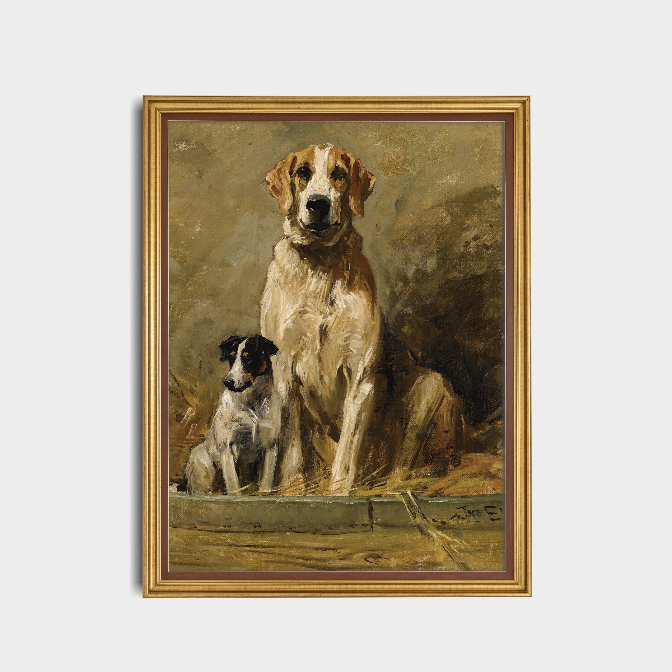 アンティークの犬の油彩画 ＊油絵 ヴィンテージ犬の絵画：アンティークハウンドとテリアのアート