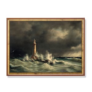 Printed and Shipped | Vintage Seascape Painting | Antique Lighthouse Print | Moody Rustic Art | Ocean Beach Oil Painting | Physical Prints