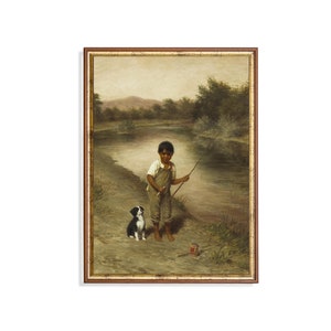 Vintage Boy and Dog Painting: Antique Kids Wall Art (Mailed Print)