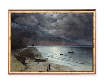 Lámina de paisaje marino nocturno costero: Arte náutico antiguo y melancólico