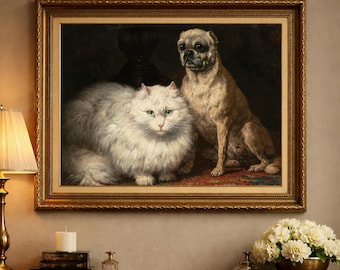 Vintage Cat and Dog Painting: Rustic Farmhouse Print