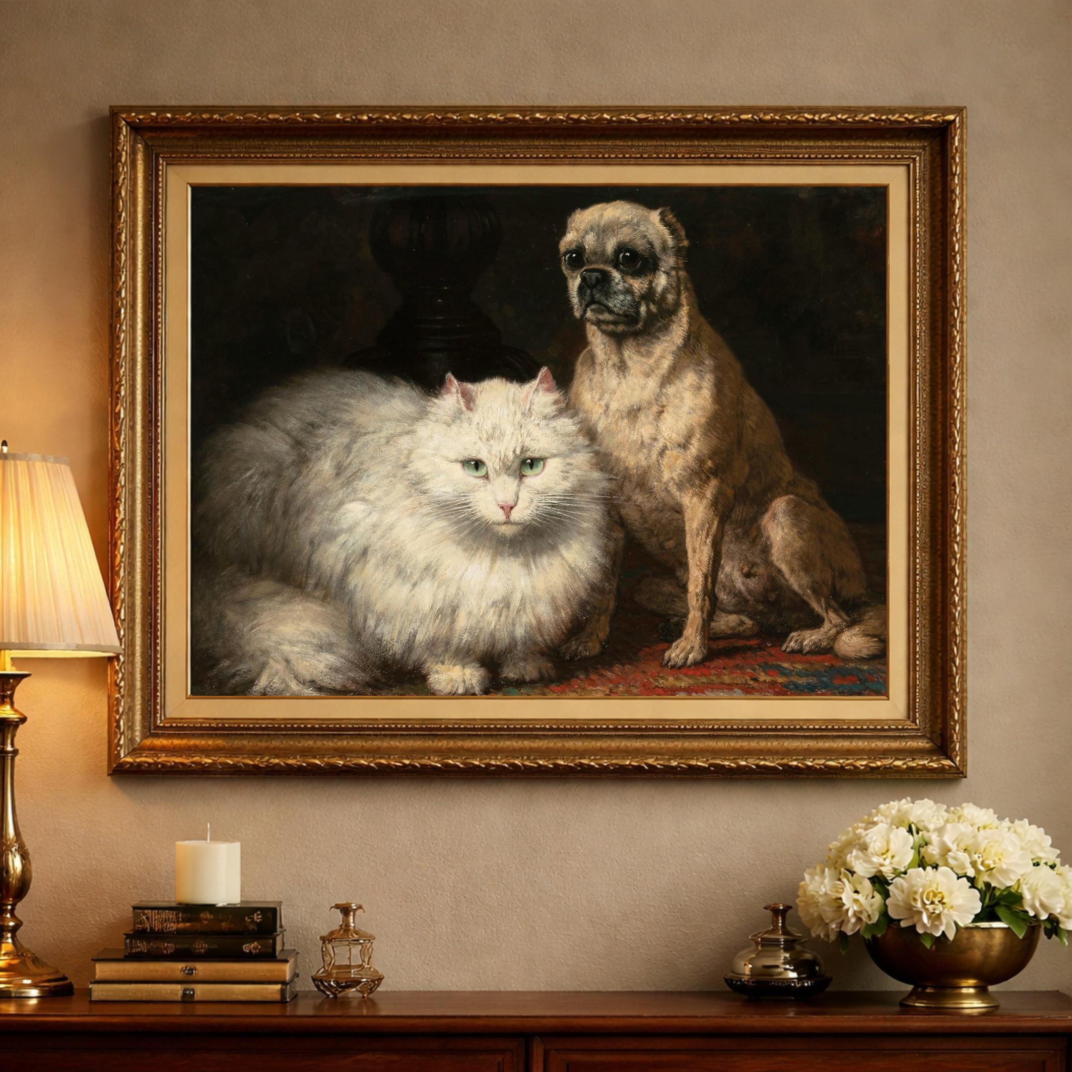 ヴィンテージの猫と犬の絵画：素朴な農家のプリント - Etsy 日本