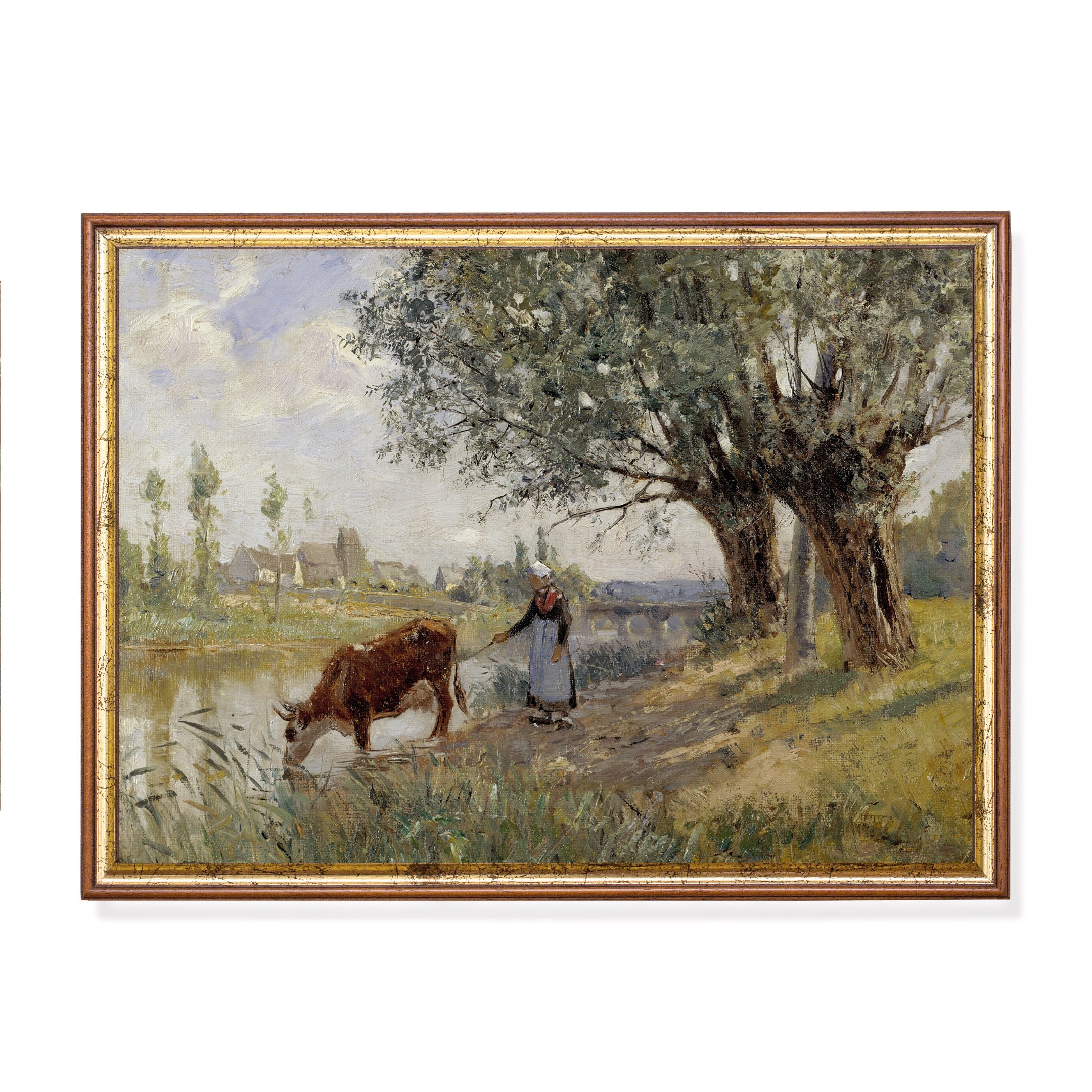 Vintage Cow Painting: Rustic Farmhouse Landscape Art Print