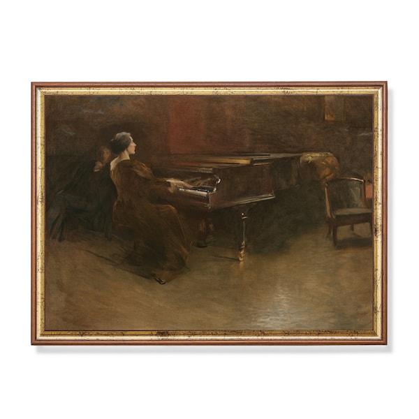 Print and Ship | Vintage Painting | Woman Playing Piano | Antique Portrait Painting | Rustic Print | Victorian Lady | Mailed Print