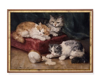 Vintage Cat Painting Print: Antique Farmhouse Animal Art