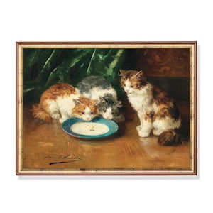 Impresión artística vintage de tres adorables gatitos bebiendo leche, decoración de pared victoriana de gatos, póster de pintura de animales antiguos, idea de regalo para amantes de los gatitos.