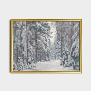 Vintage Painting | Snow Pine Forest Painting | Winter Landscape | Antique Rustic Art | Christmas Wall Art | Digital Download | Printable Art