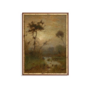 Vintage Morning Landscape Painting: Moody Rustic Nature Art Print