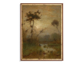 Vintage Morning Landscape Painting: Moody Rustic Nature Art Print