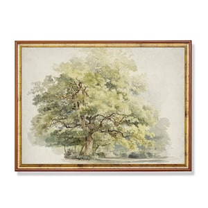 Printed and Shipped | Vintage Oak Tree Painting | Antique Landscape Rustic Print | Watercolor Painting | Farmhouse Decor | Mailed Print