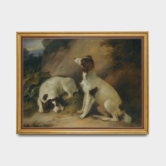 Vintage Dog Painting Antique Animal Print Moody Rustic Oil
