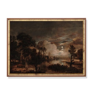 Vintage Moonlit Landscape Painting: Dark Academia Art Print