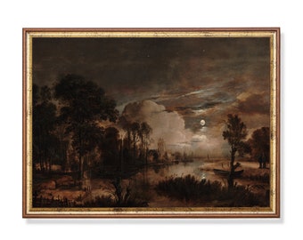 Puede incluir: Una pintura al óleo enmarcada que representa un paisaje iluminado por la luna con un río serpenteando a través de un bosque. El cielo es azul oscuro con algunas estrellas visibles. La luna está llena y brillante, proyectando un suave resplandor sobre la escena. Los árboles están silueteados contra el cielo, y el río es tranquilo y reflectante.