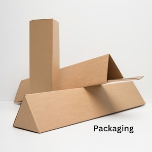 May include: Several cardboard packaging components are shown. A tall, rectangular box stands upright, with other pieces forming a triangular shape. The text "Packaging" is printed in black at the bottom.
