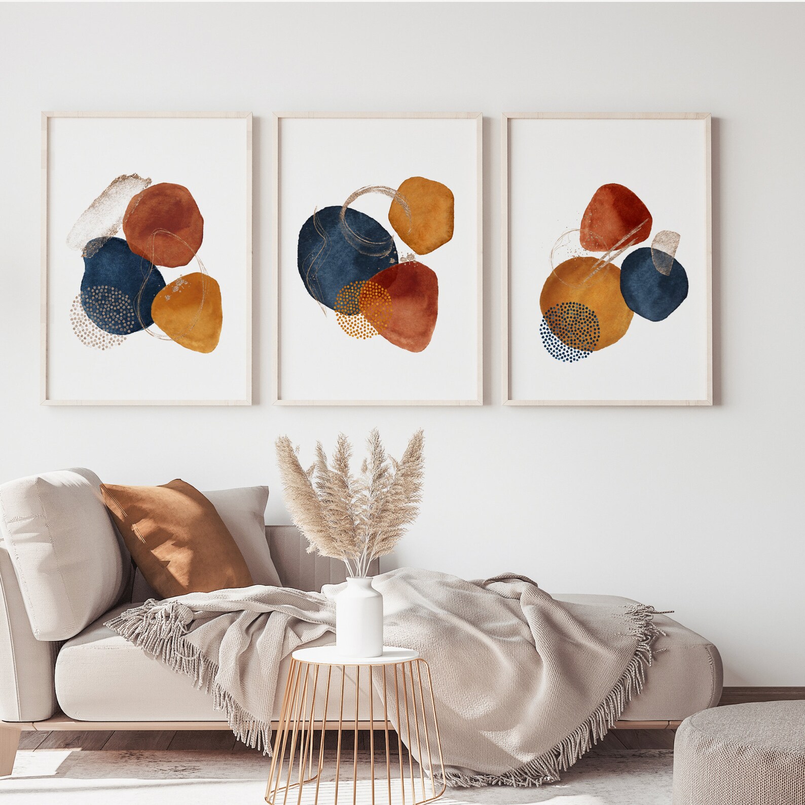 Navy Blue Burnt Orange Terracotta Art Set Of 3 Boho prints Etsy