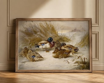 Winter Duck Painting: Vintage Landscape Art Print