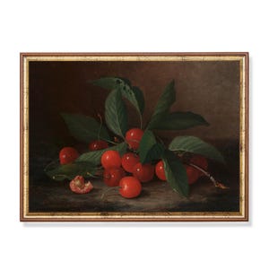 Vintage Cherry Still Life Painting: Antique Kitchen Decor Art Print
