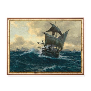 Antique Sailboat Painting: Moody Seascape Nautical Wall Art