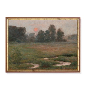 Vintage Landscape Painting Print: Rustic Farmhouse Wall Decor