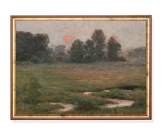 Vintage Landscape Painting Print: Rustic Farmhouse Wall Decor