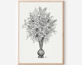 Minimalist Floral Line Art Print: Hand-Drawn Botanical Vase