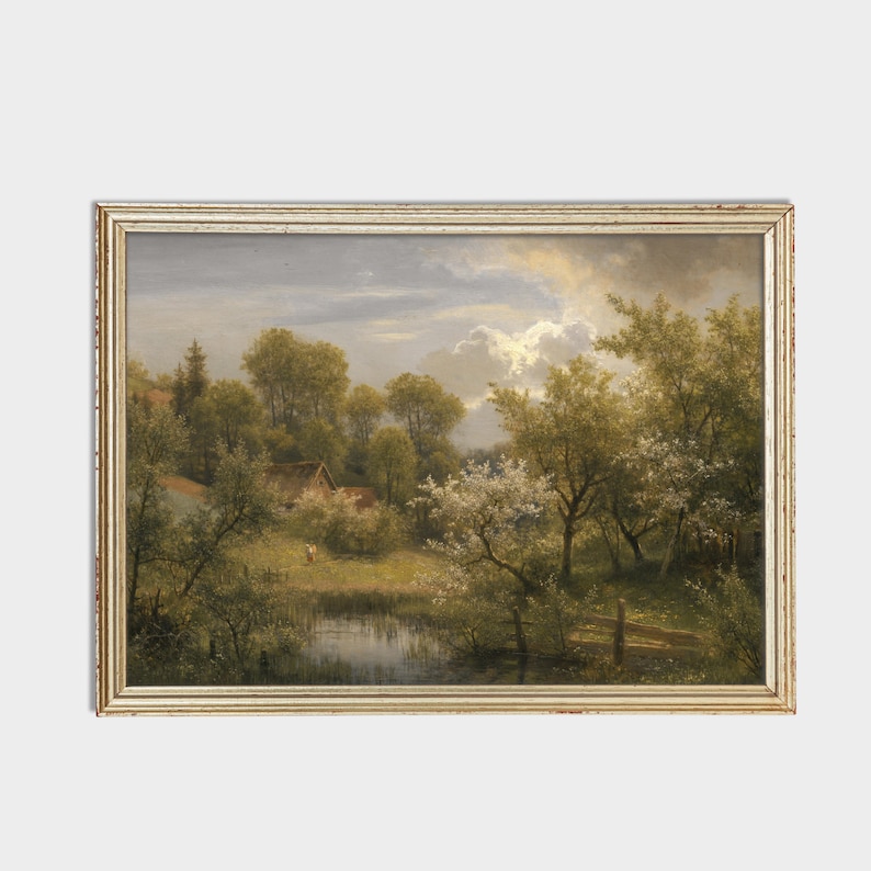 Springtime Countryside - Vintage Landscape Art - Rustic Nature Scene - Blooming Orchard Painting - Serene Farmhouse Wall Decor - Only Print