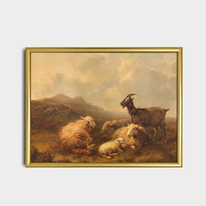 May include: A painting of a goat and sheep in a field. The goat is brown and white and has long horns. The sheep are white and have fluffy wool. The background is a green field with hills in the distance.