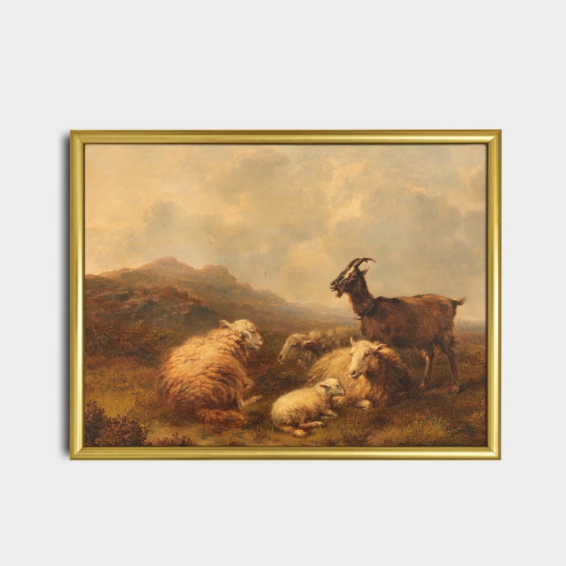May include: A painting of a goat and sheep in a field. The goat is brown and white and has long horns. The sheep are white and have fluffy wool. The background is a green field with hills in the distance.