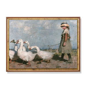 Vintage Goose Girl Print: Rustic Farmhouse Pastoral Art (Digital Download
