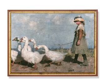 May include: A painting depicting a young girl in a straw hat leading a flock of white geese across a field. The girl is wearing a long brown dress and is holding a stick. The geese are walking in a line behind her.