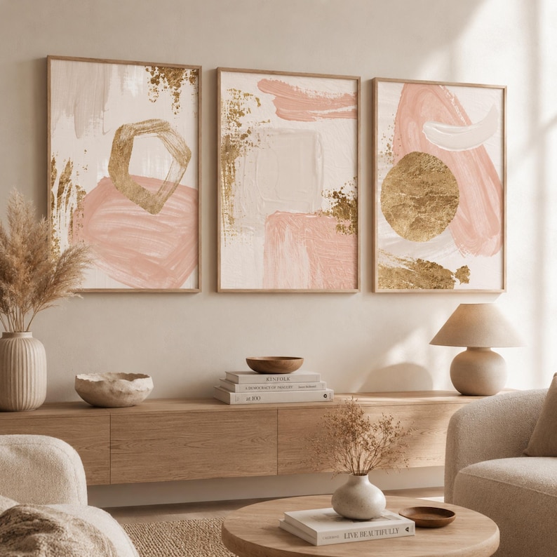 Set of 3 Blush Pink Gold Abstract Prints, Minimalist Gallery Wall Decor ...