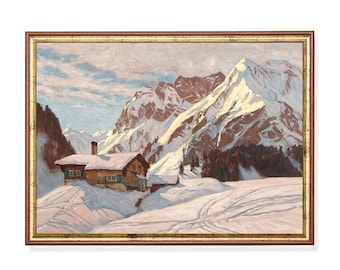 May include: Oil painting of a snow-covered mountain landscape with a wooden cabin. The artwork features snow-capped mountains, a cabin with green shutters, and a golden-brown frame. The painting captures a serene winter scene, typical of the Alps.