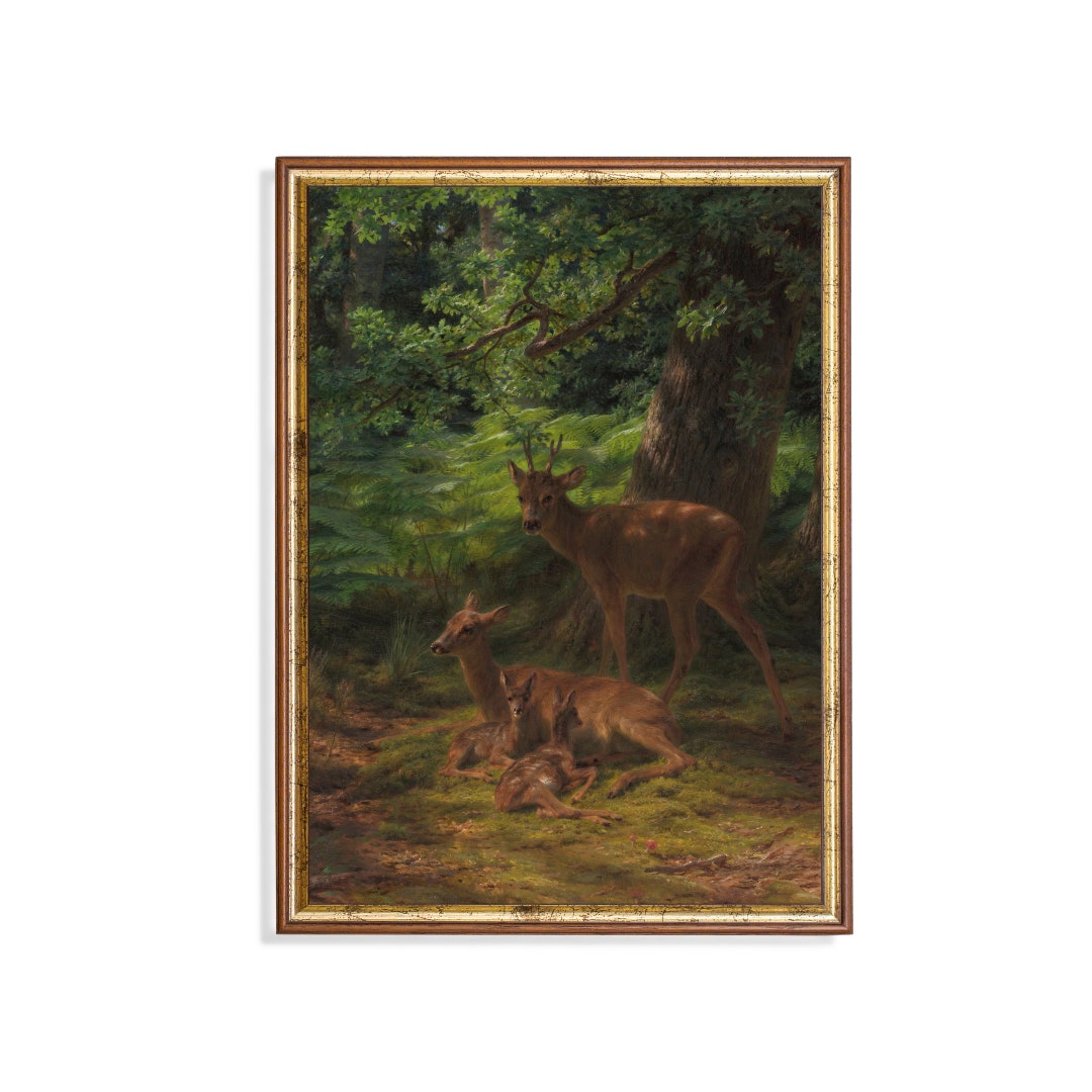 Vintage Deer Family Print: Rustic Animal Painting, Farmhouse Wall Art ...