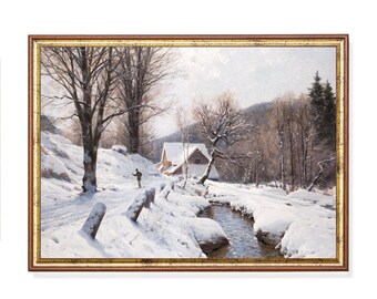 Vintage Snowy Winter Landscape Painting | Rustic Cabin Decor Print