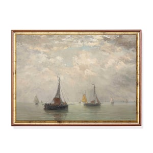 Vintage Segelschiff Poster: Gedämpfte Meerlandschaft, Neutrales Strand Dekor