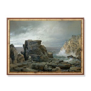 Storm at the Cliffs – Moody Coastal Cliff Wall Art | Vintage Ocean Print | 1800s Seascape Painting with Waves Birds | Nautical Realism Decor
