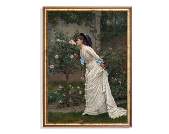 Victorian Woman in Rose Garden: Moody Oil Painting Art Print
