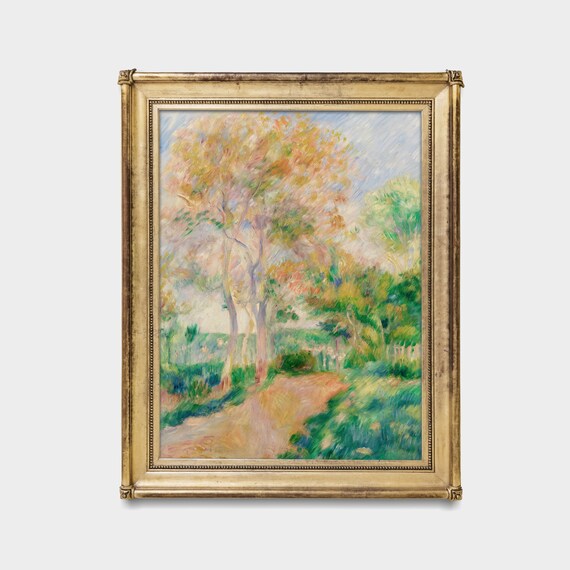 ルノワール印象派の庭の小道の絵画：ヴィンテージの樹木風景（デジタル
