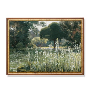 Vintage Garden Flowers Art Print | Romantic Floral Landscape Painting | Botanical Wall Decor | Victorian Garden Digital Download